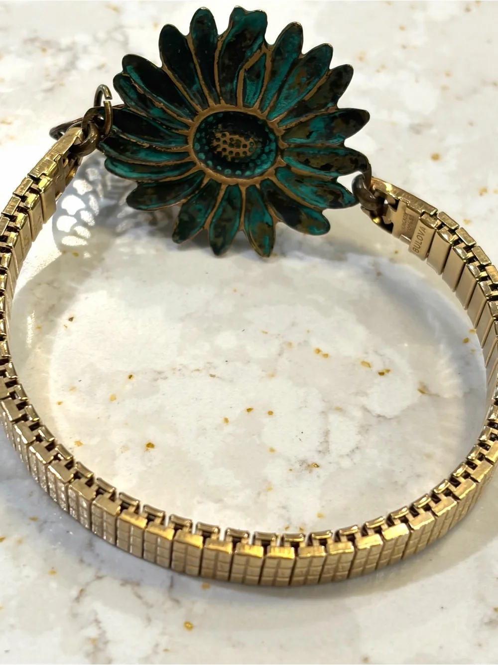 Antique Gold Floral Bracelet with Turquoise Patina Accents